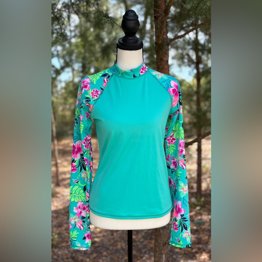 Lands' End Girls Turquoise Floral Swim Top